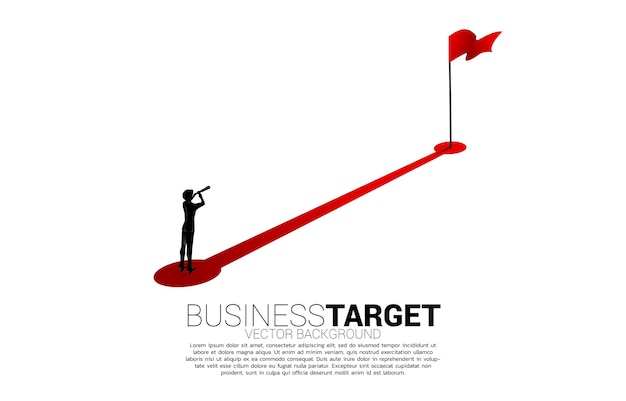 Silhouette of businessman looking through telescope standing on route path to red flag at goal. Concept of people ready to start career and business to success.