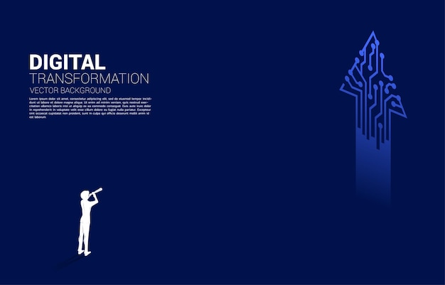 Vector silhouette of businessman looking through telescope with the way with dot connect line circuit
