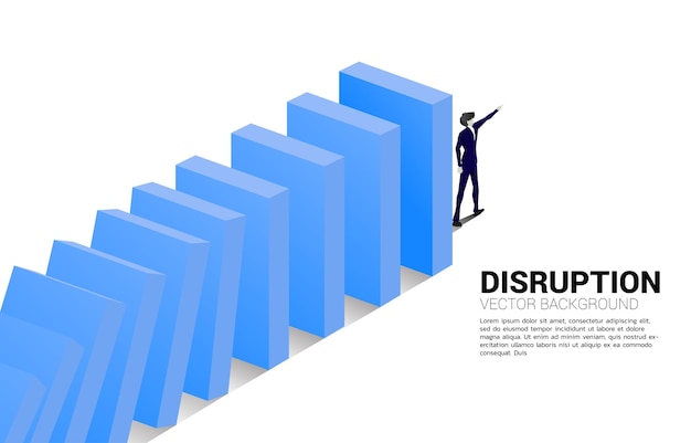 Silhouette of businessman point forward at the end of domino collapse Concept of business industry disrupt