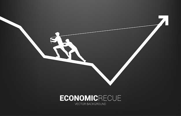 Silhouette of businessman pull up the business graph with rope and reel. concept of business improvement.