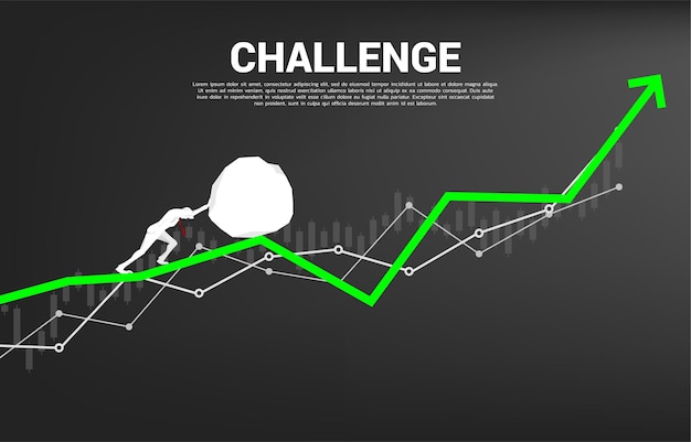 Siluetta dell'uomo d'affari che spinge la grande roccia sul grafico di crescita. concetto di sfida aziendale e lavoro di squadra.