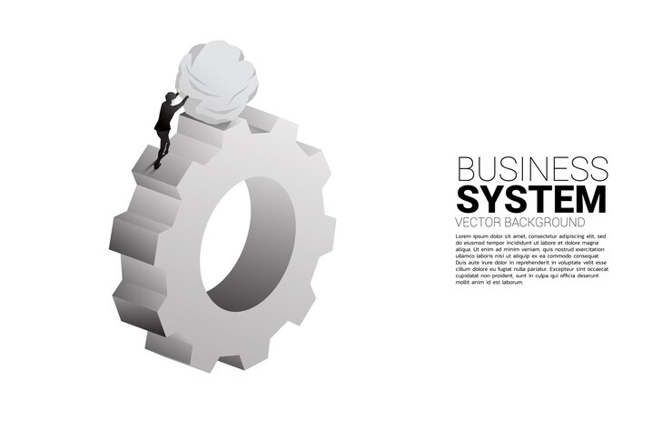 Vector silhouette of businessman pushing the rock on big gear concept of business management and control