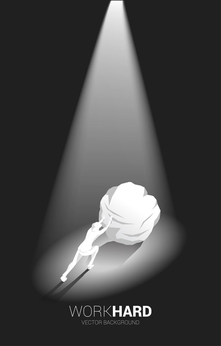 Vector silhouette of businessman pushing the rock in highlight concept of business challenge and work hard