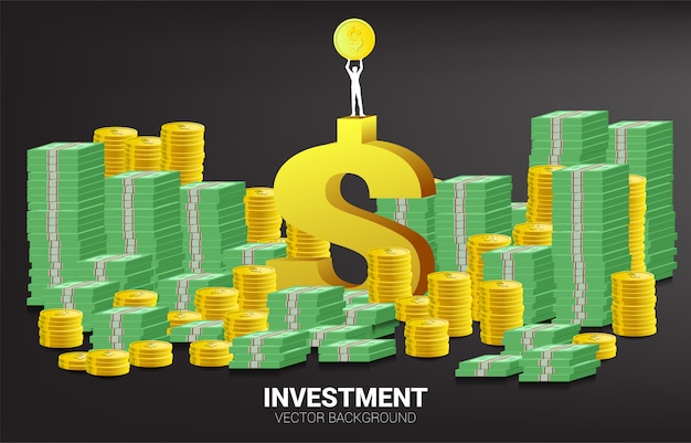 Silhouette of businessman raise golden coin on top of dollar icon