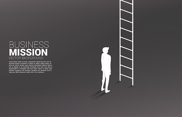 Silhouette of businessman ready to go up with ladder. Concept of vision mission and goal of business