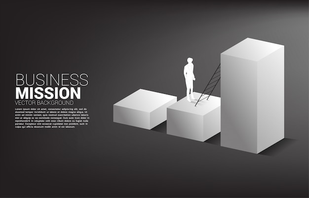 Silhouette of businessman ready to move up on bar graph with ladder. Concept of vision mission and goal of business