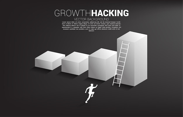 Silhouette of businessman ready to move up on bar graph with ladder.