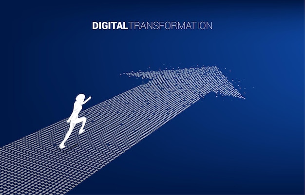 Silhouette of businessman running on the arrow from pixel. concept of digital transformation of business.