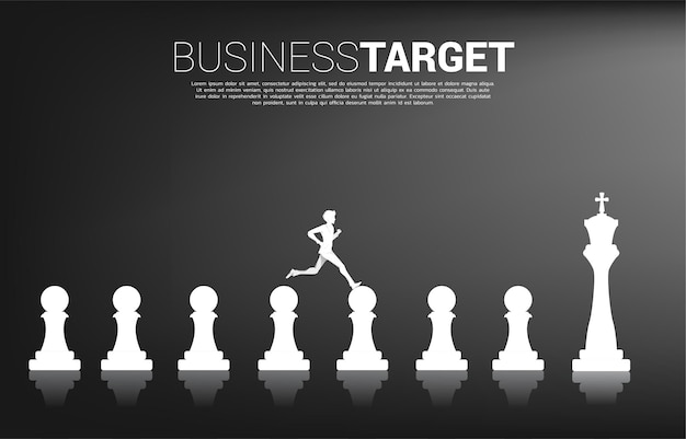 Silhouette of businessman running on chess piece from pawn to king. concept of goal, mission, vision, career path, and strategy