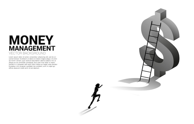 Silhouette of businessman running to ladder to 3D dollar icon