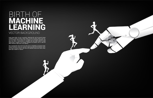 Silhouette of Businessman running on Robot hand touch with human hand concept birth of ai learning machine era
