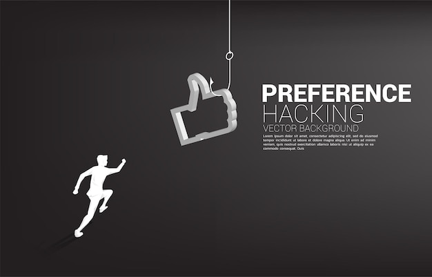 Silhouette of businessman running with fishing hook with 3D like icon. Concept of click bait and digital phishing.