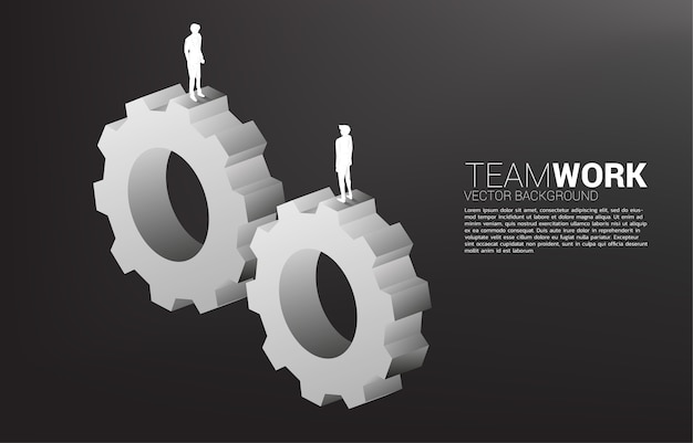 Silhouette of businessman standing on gears to work together. concept of business teamwork.