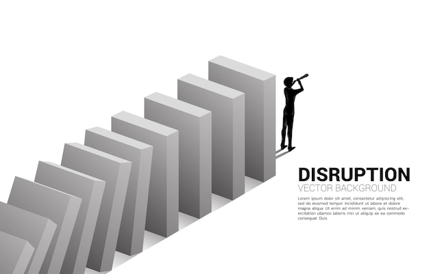 Silhouette of businessman standing looking through telescope at the end of domino collapse. Concept of business industry disrupt