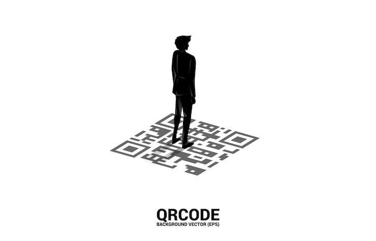 Vector silhouette businessman standing on qr code in the air. concept for e-commerce and retail shopping.