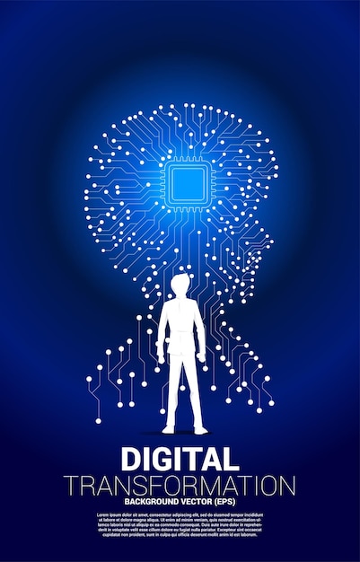 Vector silhouette of businessman standing with man head from dot connect line circuit board style with processor  concept background human future and technology