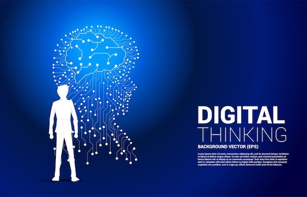 Vector silhouette of businessman standing with man head from dot connect line circuit board style with with brain concept background human future and technology