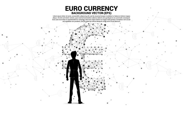 Uomo d'affari della siluetta che sta con l'icona di valuta dell'euro dei soldi