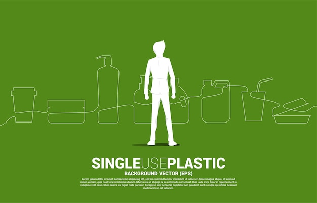 Silhouette of businessman standing with Single line display single use plastic icon Silhouette of plastic bottle in life