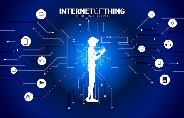 Silhouette di uomo d'affari utilizza il telefono cellulare in piedi con processore cpu al centro dell'icona iot concetto per internet of things technology