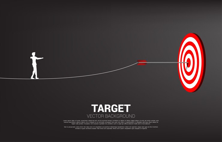 Vector silhouette of businessman walk rope to arrow archery hit on the center of target. concept of targeting and business challenge.