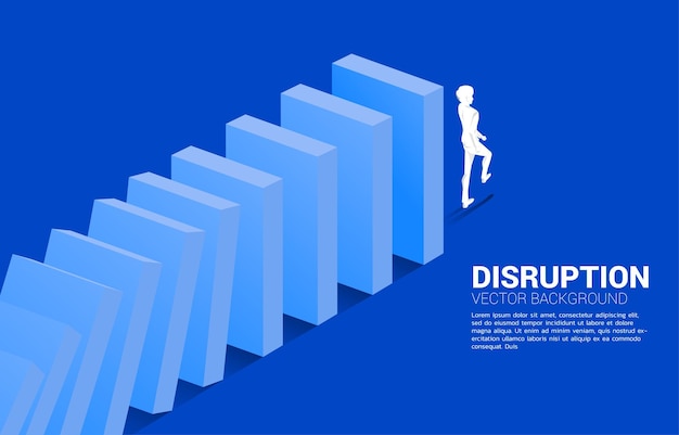 Silhouette of businessman walking from the end of domino collapse Concept of business industry disrupt