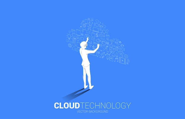 Silhouette businessman wear VR glasses with cloud from little icon Concept of digital virtual reality technology and AR