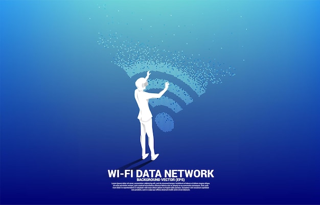 Вектор Силуэт бизнесмена в очках виртуальной реальности с иконкой мобильных данных wi-fi с преобразованием пикселей концепция передачи данных мобильной сети и сети передачи данных wi-fi