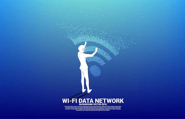 벡터 실루엣 사업가는 모바일 및 wi-fi 데이터 네트워크의 데이터 전송을 위한 픽셀 변환 개념이 있는 wi-fi 모바일 데이터 아이콘이 있는 vr 안경을 착용합니다.