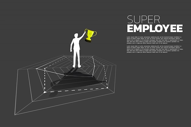 Silhouette of businessman with trophy standing on spider chart with superhero shadow. concept of best employee and human resource management.