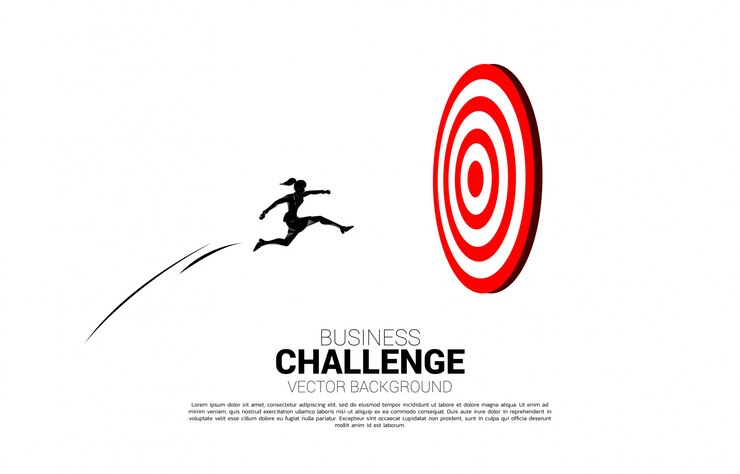 Vector silhouette of businesswoman jumping to flag on cliff. business concept of targeting and customer.route to success.