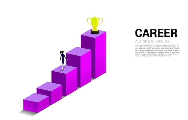 Silhouette businesswoman planning to get trophy on top of graph Business Concept of goal and vision mission