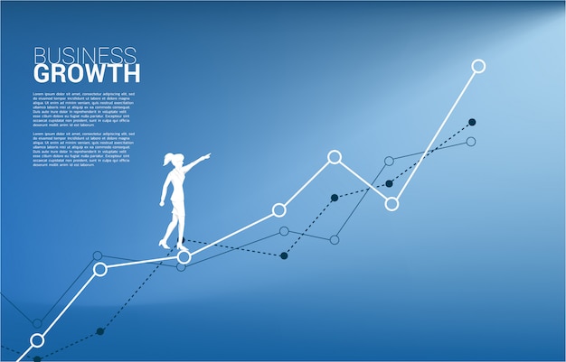 Silhouette of businesswoman point ahead on growing graph.