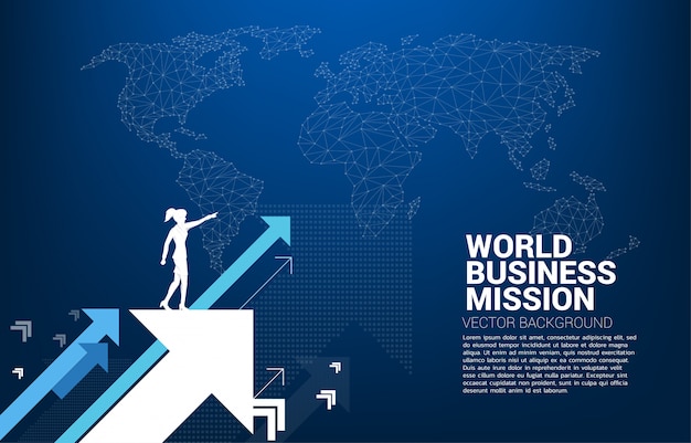 Silhouette of businesswoman point forward on moving up arrow with world map background