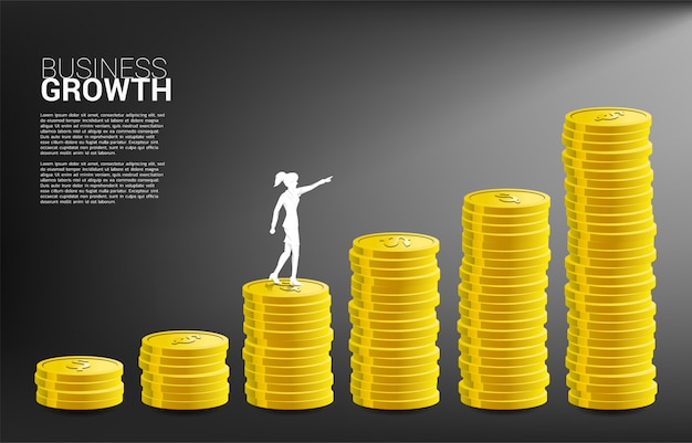 Silhouette of businesswoman point to higher stack of coin.