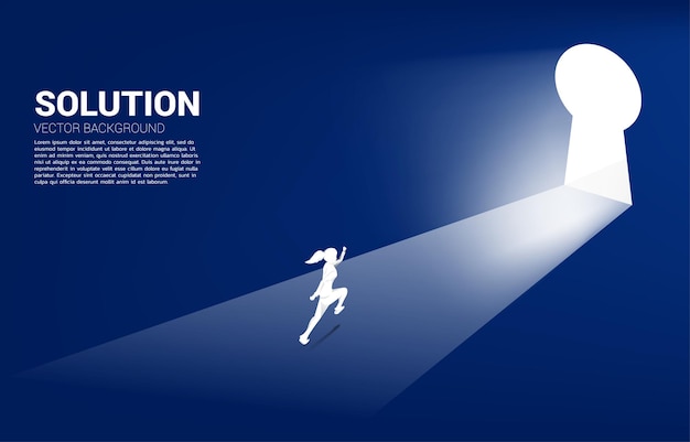 Vector silhouette of businesswoman running to move out to key hole door. find the solution concept vision mission and goal of business