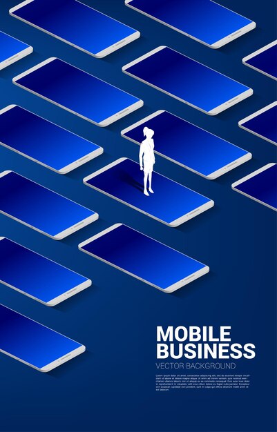 Vector silhouette businesswoman standing with big mobile phone. business concept of mobile technology with business.