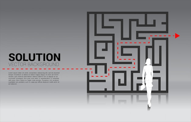Vector silhouette of businesswoman standing with plan to exit from maze . business concept for problem solving and solution strategy