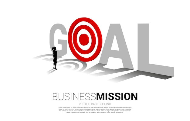 Vector silhouette of businesswoman to target dartboard in goal word. concept of vision mission and goal of business