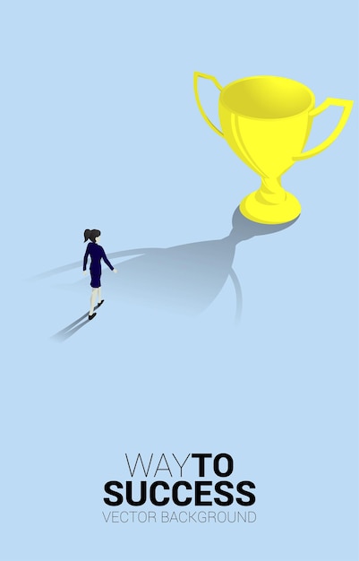 Silhouette of Businesswoman walking to golden trophy Concept for business direction and mission vision