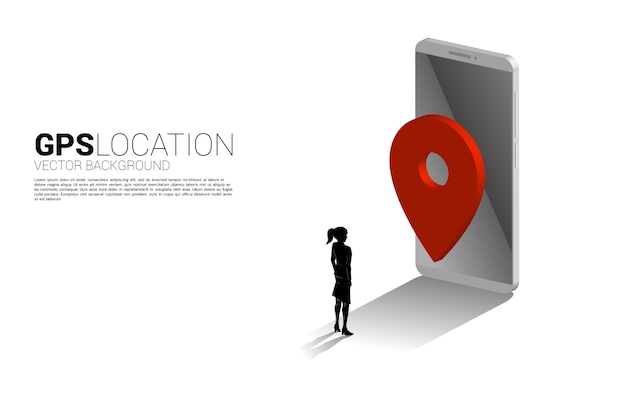 Silhouette of businesswoman with 3d gps pin marker and mobile phone. concept of location and facility place , gps technology
