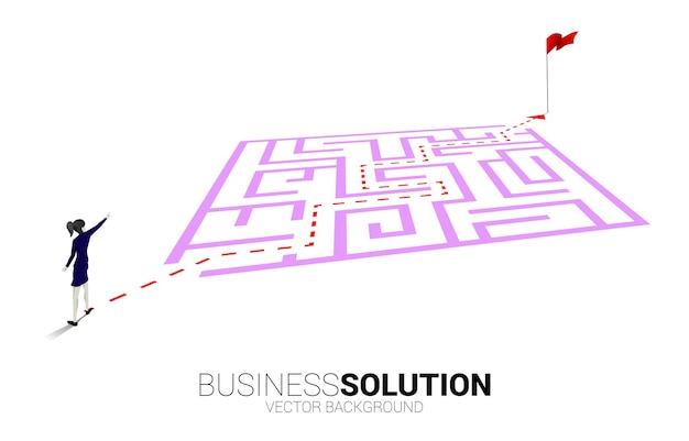 Vector silhouette of businesswoman with route path to exit the maze business concept for problem solving and finding idea