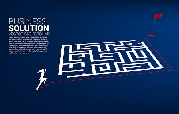 Silhouette of businesswoman with route path go around the maze to goal. business concept for problem solving and finding idea.