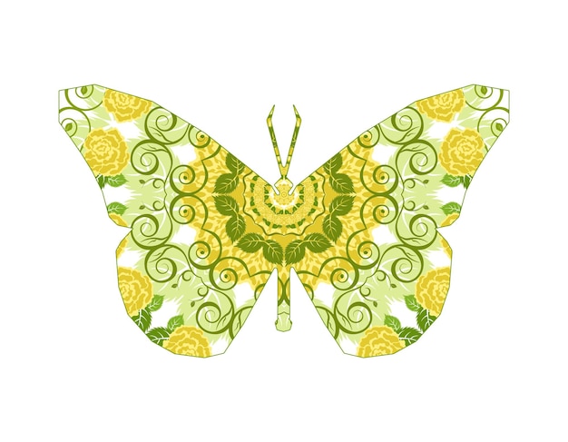 Vector silhouette of butterfly with circular ornament mandala art yellow and green tones