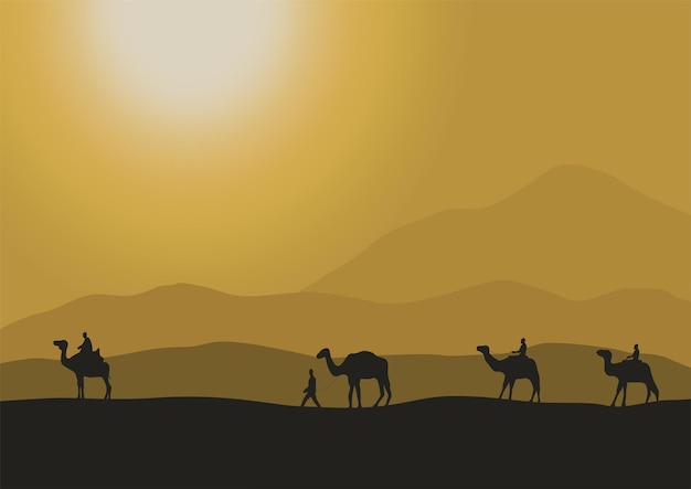 silhouette of camels in the desert with sunlight, vector illustration.