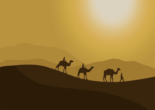 silhouette of camels in the desert with sunlight, vector illustration.