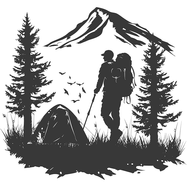 Attività di campeggio a silhouette in natura solo colore nero a tutto corpo