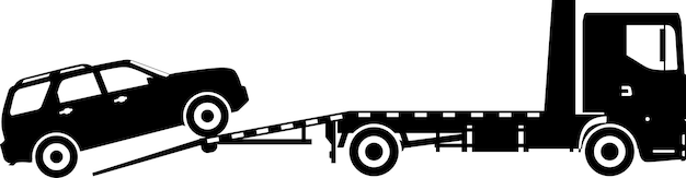 Vector silhouette of car on assistance tow truck icon in flat style vector illustration