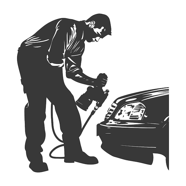 Vector silhouette car mechanic in action full body black color only