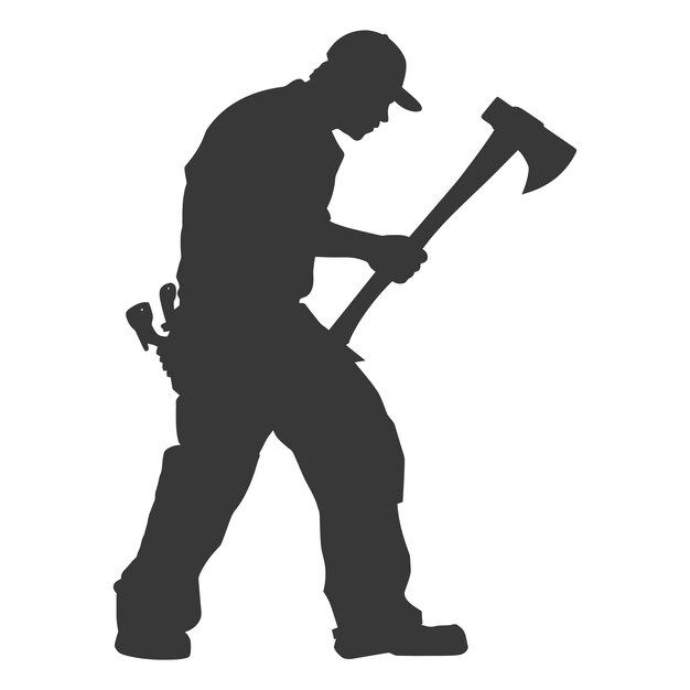 Vector silhouette carpenter with ax in action black color only full body